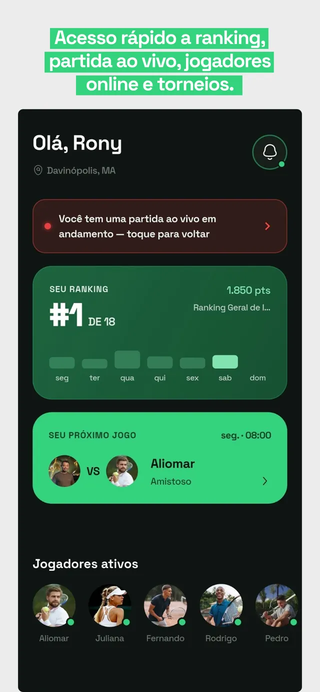 Acesso rápido a ranking, partida ao vivo, jogadores online e torneios
