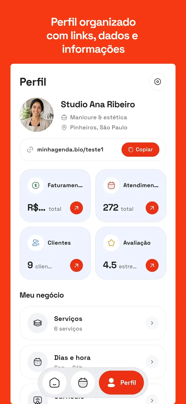 Perfil organizado com links, dados e informações