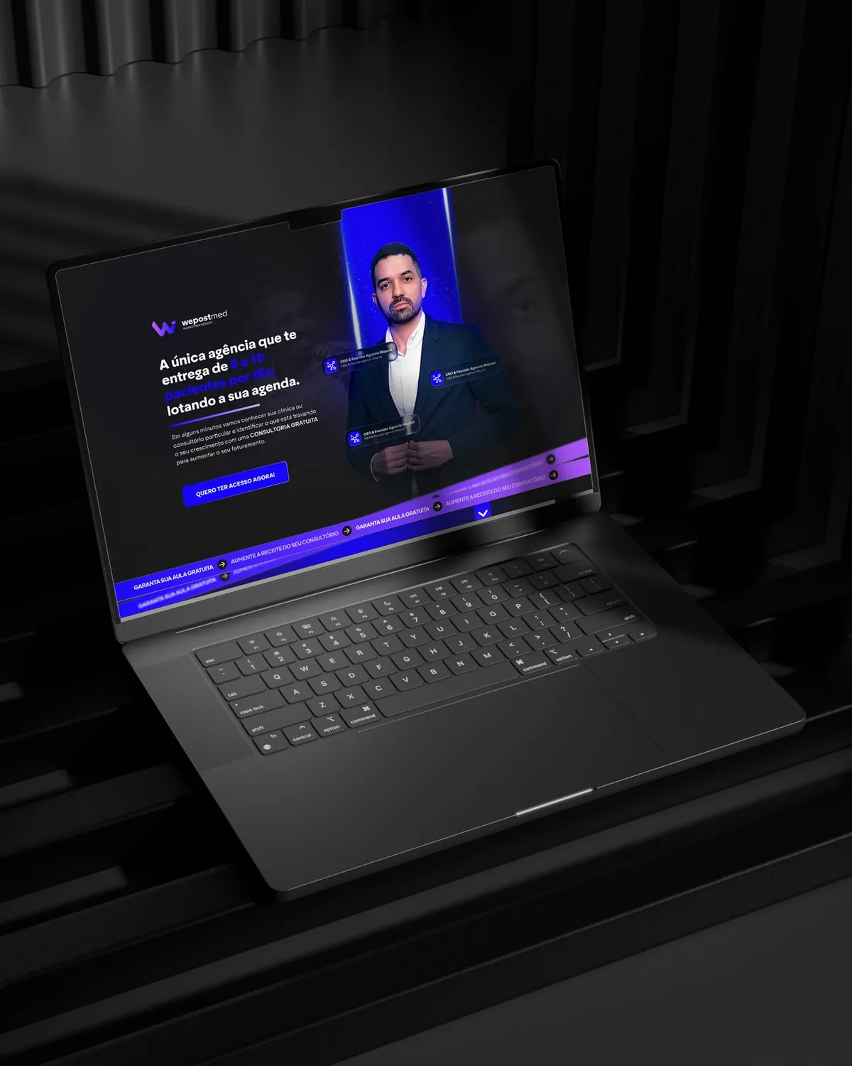 Landing page da WePostMed em notebook